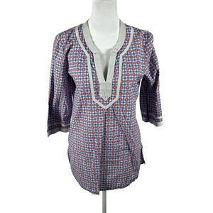 J Crew White Blue 3/4 Sleeve V Neck Blouse Top Tunic XS Y2K Business Casual